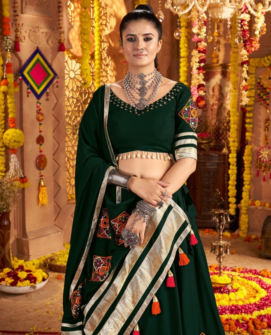 11006 - Intricate Green Viscose Rayon Navratri Wear Lehenga Choli With Dupatta